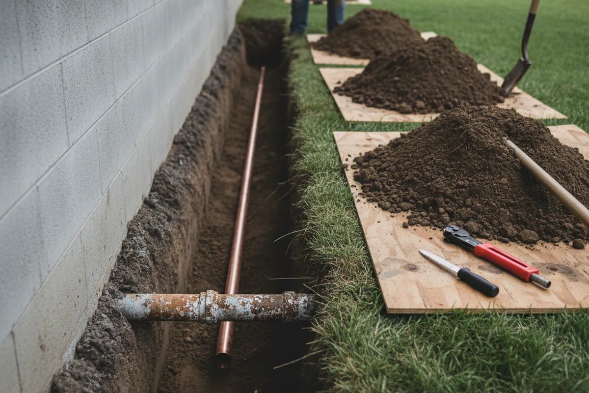 Excavated water line trench during Sewer Line Repair in North English